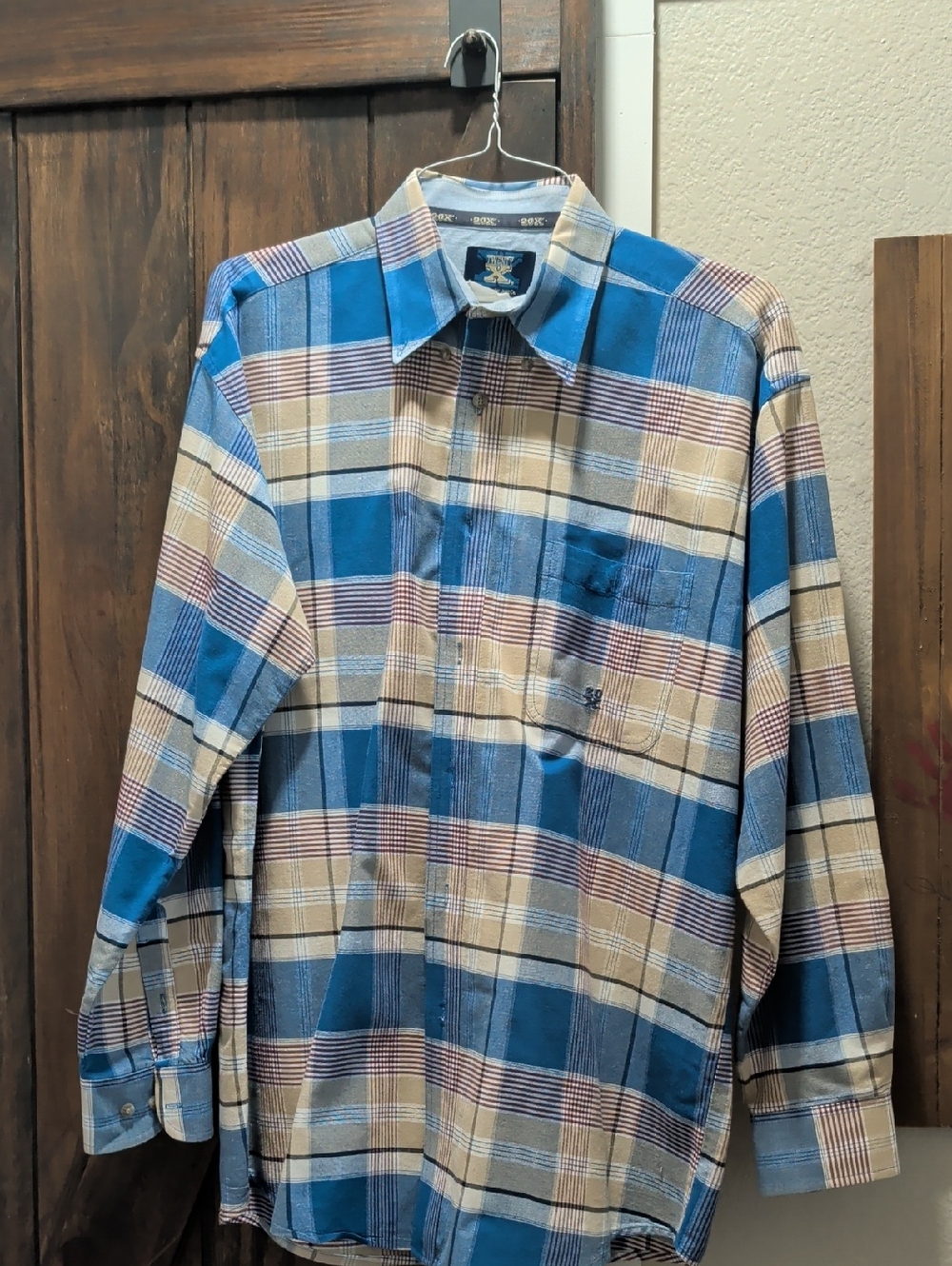 Men's Plaid Button-Down Shirt in Blue and Beige